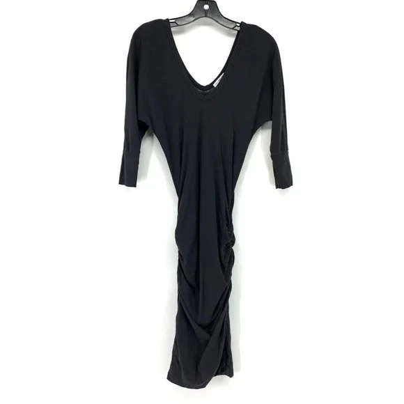 Standard James Perse Dress Black Ruched High Twist Jersey V Neck - Picture 2 of 10